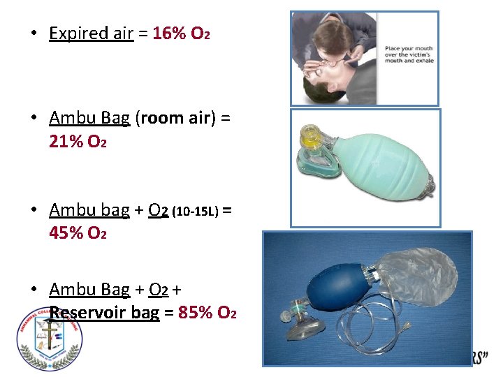  • Expired air = 16% O 2 • Ambu Bag (room air) =