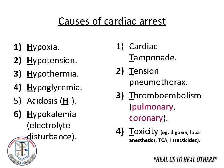 Causes of cardiac arrest 1) 2) 3) 4) 5) 6) Hypoxia. Hypotension. Hypothermia. Hypoglycemia.