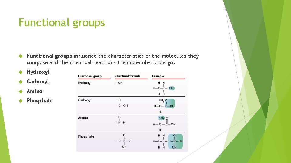 Functional groups influence the characteristics of the molecules they compose and the chemical reactions