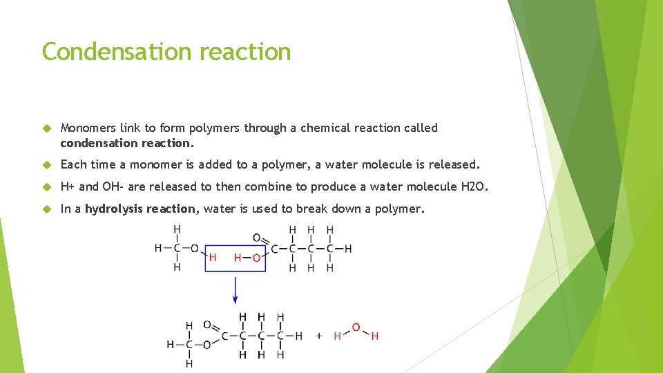 Condensation reaction Monomers link to form polymers through a chemical reaction called condensation reaction.