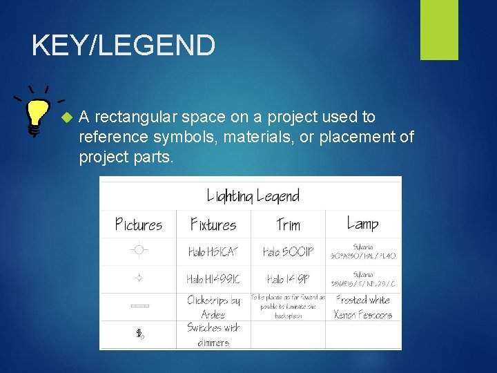KEY/LEGEND A rectangular space on a project used to reference symbols, materials, or placement