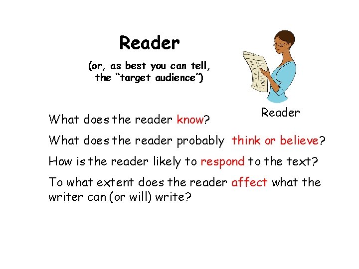 Reader (or, as best you can tell, the “target audience”) What does the reader