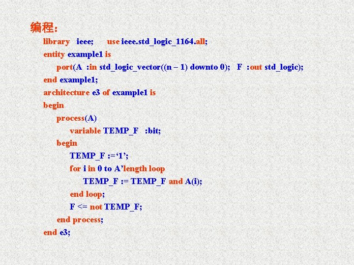 编程： library ieee; use ieee. std_logic_1164. all; entity example 1 is port(A : in