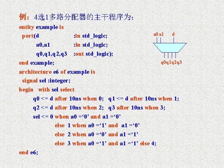 例： 4选1多路分配器的主干程序为： entity example is a 0 a 1 d port(d : in std_logic;