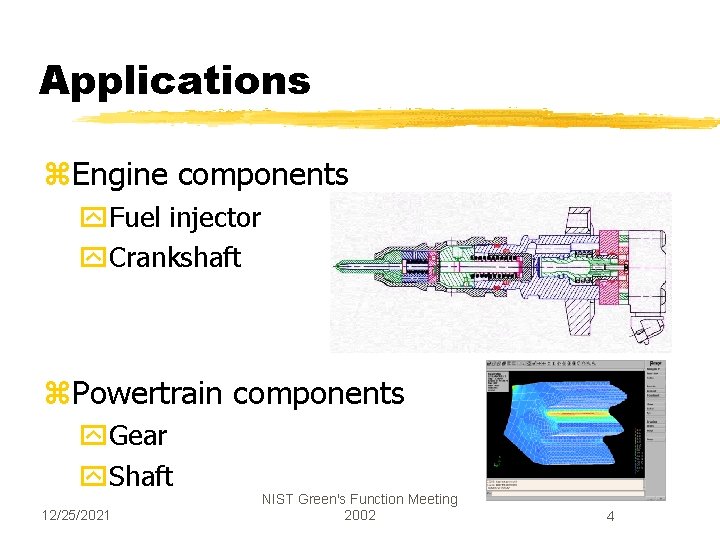 Applications z. Engine components y. Fuel injector y. Crankshaft z. Powertrain components y. Gear
