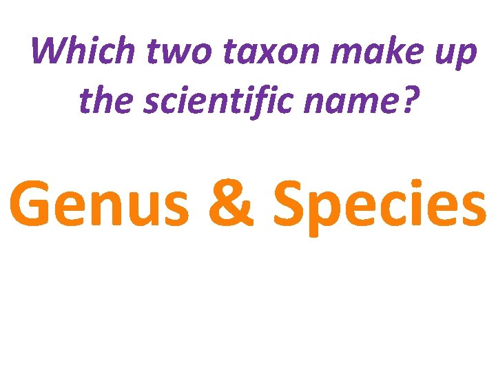 Which two taxon make up the scientific name? Genus & Species 