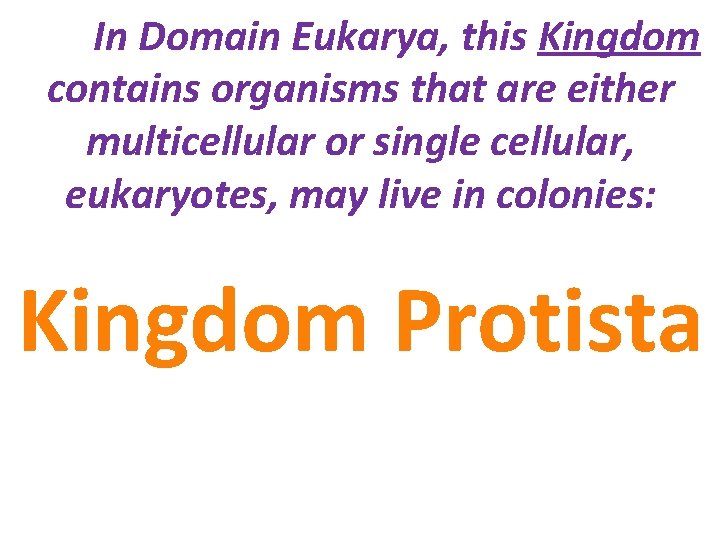 In Domain Eukarya, this Kingdom contains organisms that are either multicellular or single cellular,