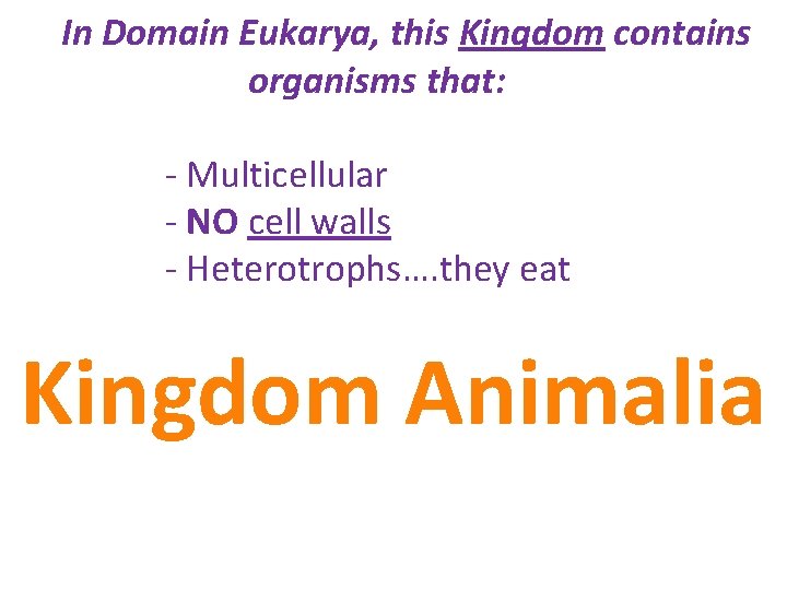 In Domain Eukarya, this Kingdom contains organisms that: - Multicellular - NO cell walls