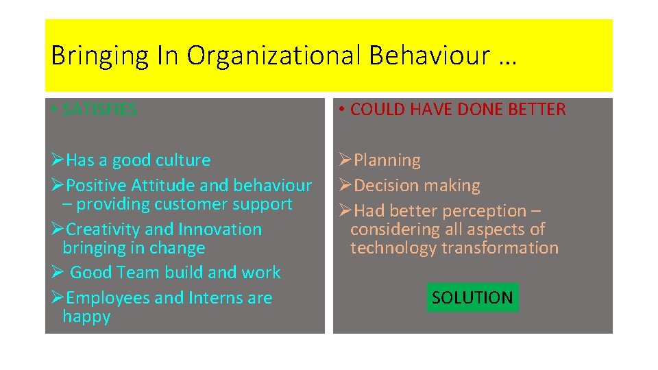 Bringing In Organizational Behaviour … • SATISFIES • COULD HAVE DONE BETTER ØHas a