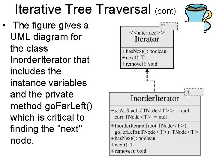 Iterative Tree Traversal (cont) • The figure gives a UML diagram for the class