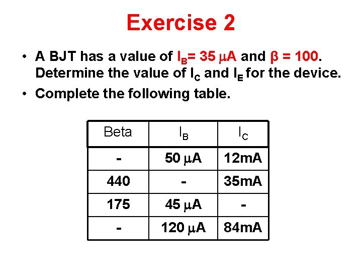 Exercise 2 • A BJT has a value of IB= 35 A and β Exercise 2 • A BJT has a value of IB= 35 A and β
