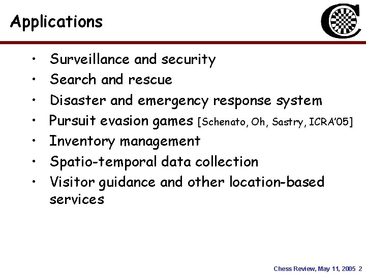 Applications • • Surveillance and security Search and rescue Disaster and emergency response system Applications • • Surveillance and security Search and rescue Disaster and emergency response system