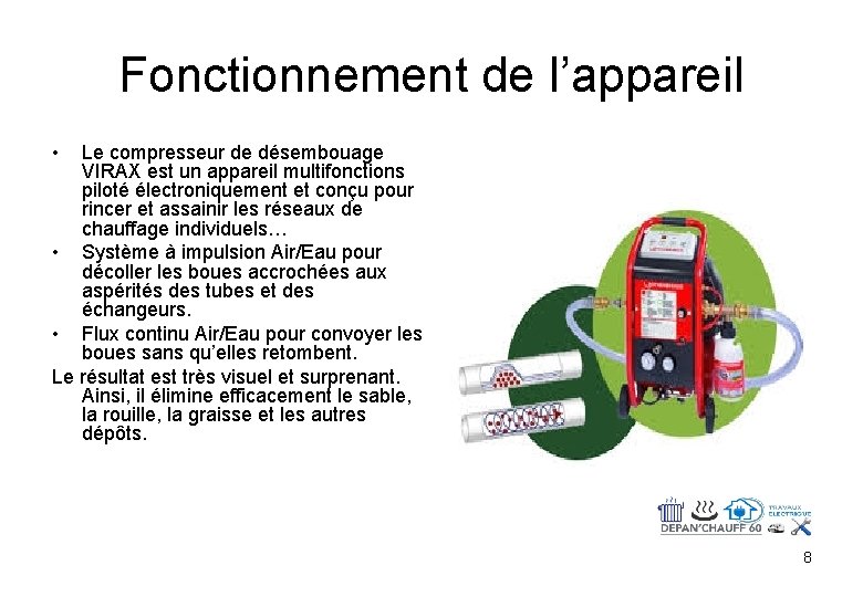 Fonctionnement de l’appareil • Le compresseur de désembouage VIRAX est un appareil multifonctions piloté