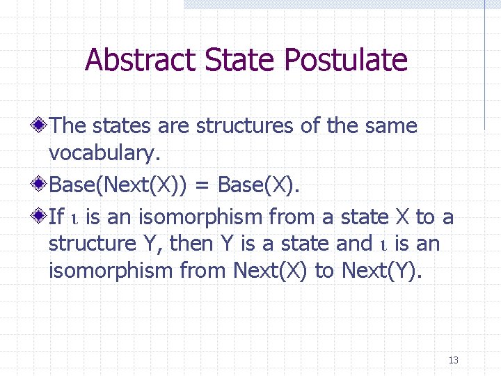 Abstract State Postulate The states are structures of the same vocabulary. Base(Next(X)) = Base(X).