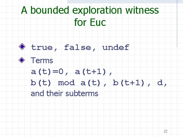 A bounded exploration witness for Euc true, false, undef Terms a(t)=0, a(t+1), b(t) mod