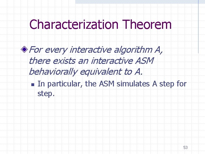 Characterization Theorem For every interactive algorithm A, there exists an interactive ASM behaviorally equivalent