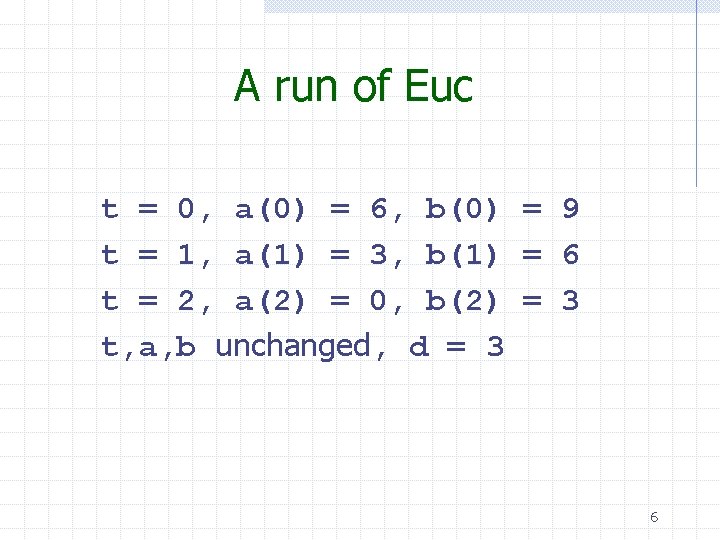 A run of Euc t = 0, a(0) = 6, b(0) = 9 t