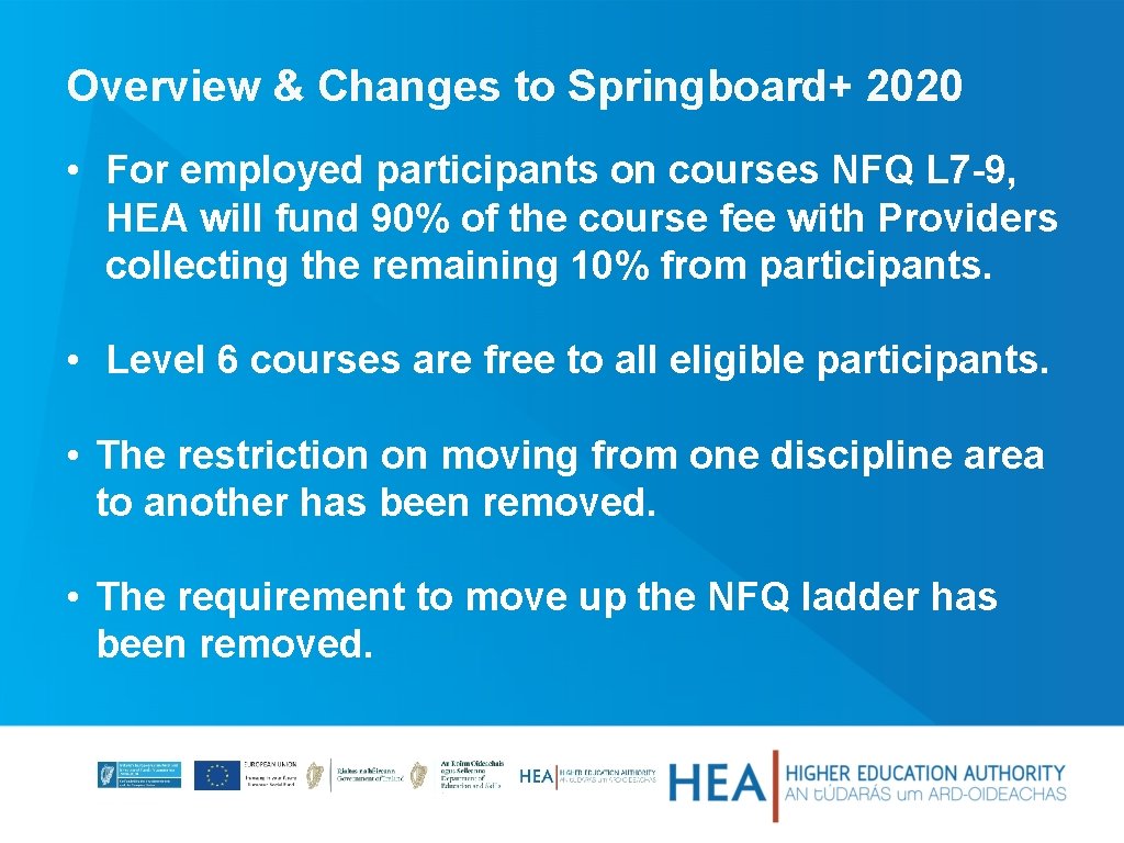 Overview & Changes to Springboard+ 2020 • For employed participants on courses NFQ L
