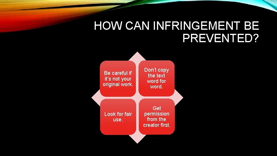 HOW CAN INFRINGEMENT BE PREVENTED? Be careful if it’s not your original work. Don’t
