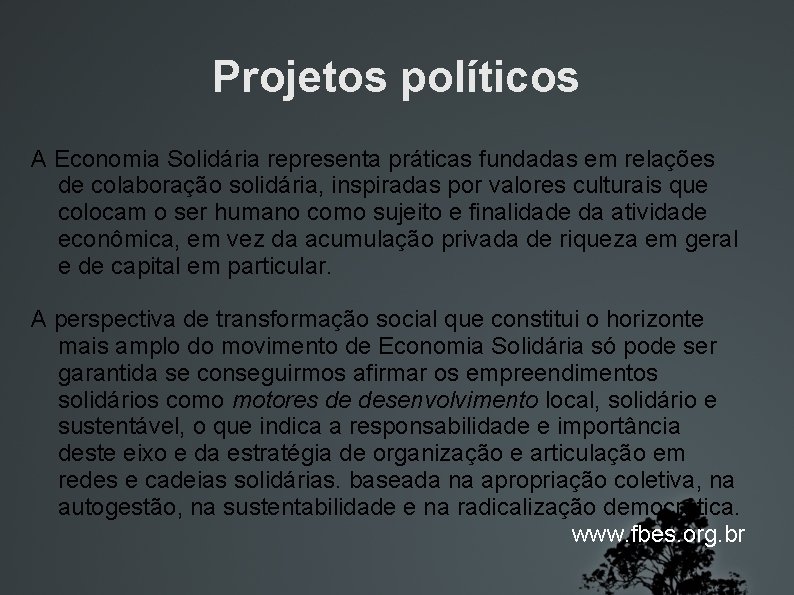 Projetos políticos A Economia Solidária representa práticas fundadas em relações de colaboração solidária, inspiradas