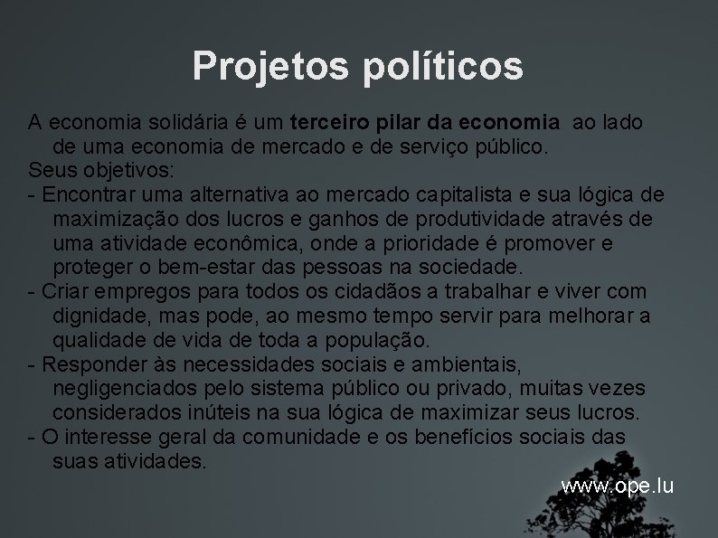 Projetos políticos A economia solidária é um terceiro pilar da economia ao lado de