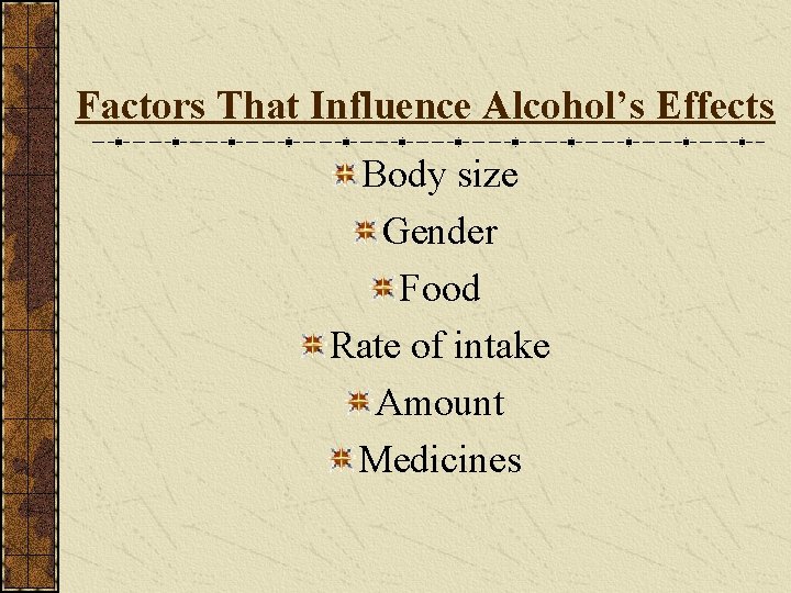 Factors That Influence Alcohol’s Effects Body size Gender Food Rate of intake Amount Medicines