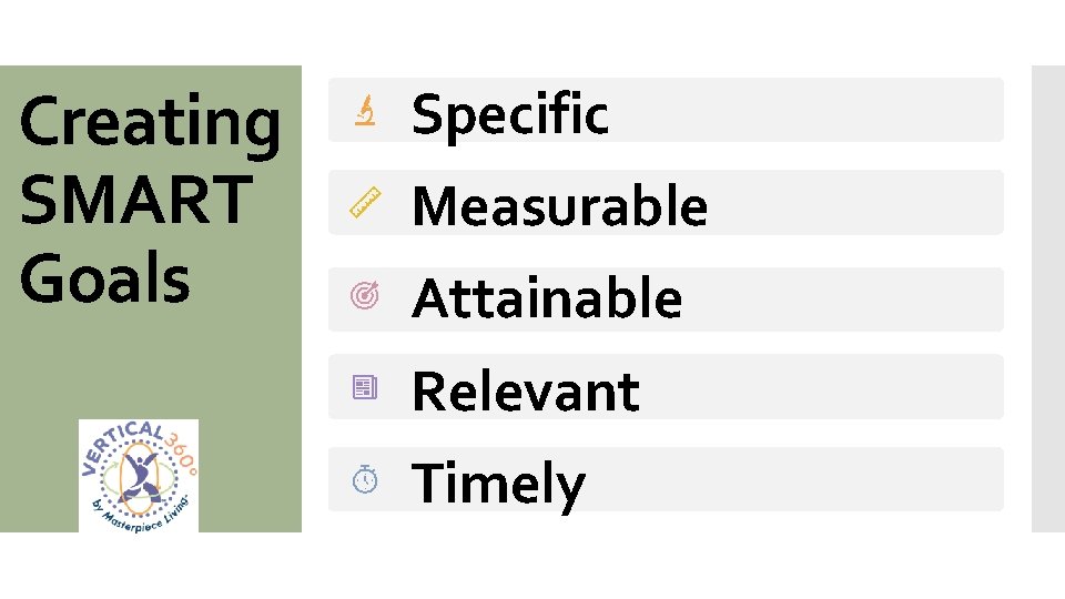 Creating SMART Goals Specific Measurable Attainable Relevant Timely 
