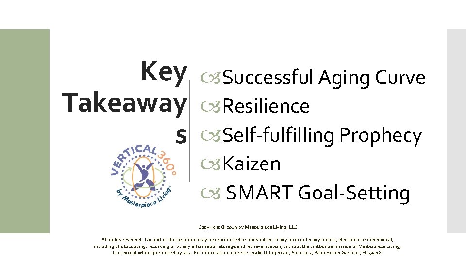 Key Takeaway s Successful Aging Curve Resilience Self-fulfilling Prophecy Kaizen SMART Goal-Setting Copyright ©