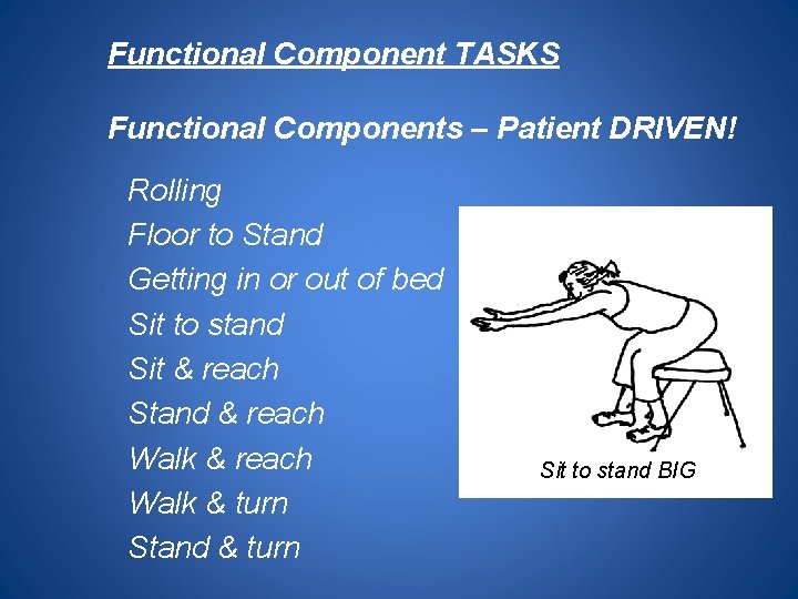 Functional Component TASKS Functional Components – Patient DRIVEN! Rolling Floor to Stand Getting in