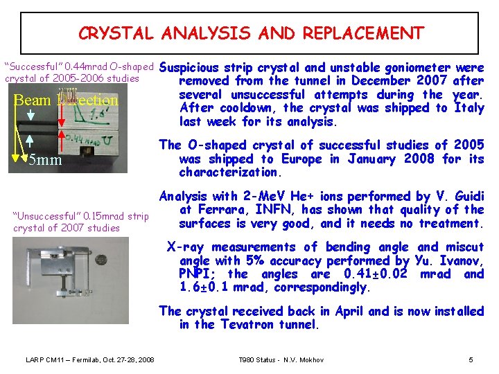 CRYSTAL ANALYSIS AND REPLACEMENT “Successful” 0. 44 mrad O-shaped crystal of 2005 -2006 studies