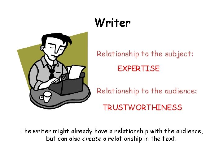 Writer Relationship to the subject: EXPERTISE Relationship to the audience: TRUSTWORTHINESS The writer might