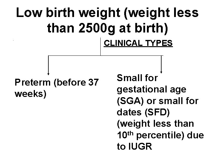 Low birth weight (weight less than 2500 g at birth). CLINICAL TYPES Preterm (before