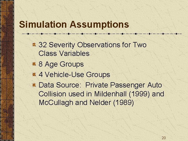 Simulation Assumptions 32 Severity Observations for Two Class Variables 8 Age Groups 4 Vehicle-Use