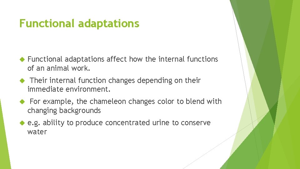 Functional adaptations affect how the internal functions of an animal work. Their internal function Functional adaptations affect how the internal functions of an animal work. Their internal function