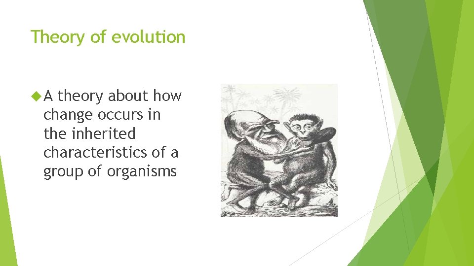 Theory of evolution A theory about how change occurs in the inherited characteristics of
