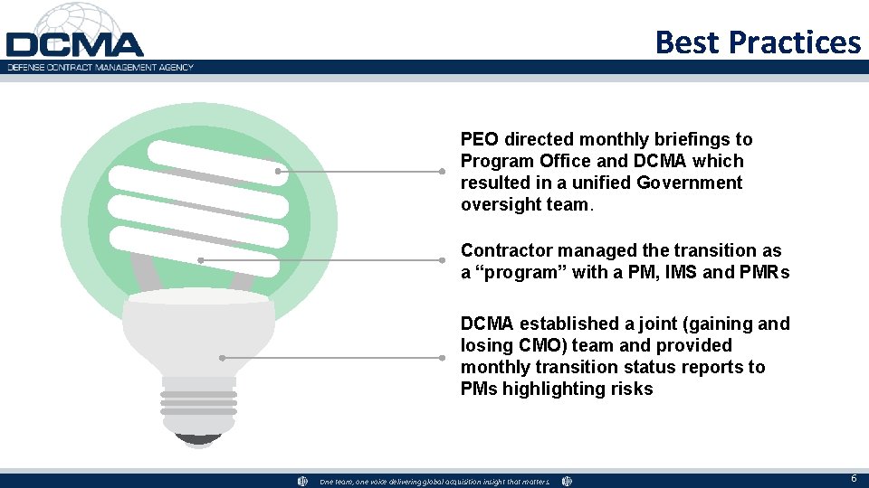 Best Practices PEO directed monthly briefings to Program Office and DCMA which resulted in