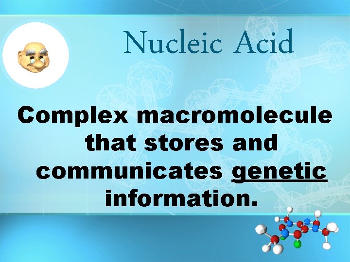 Nucleic Acid Complex macromolecule that stores and communicates genetic information. 