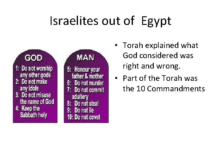 Israelites out of Egypt • Torah explained what God considered was right and wrong.