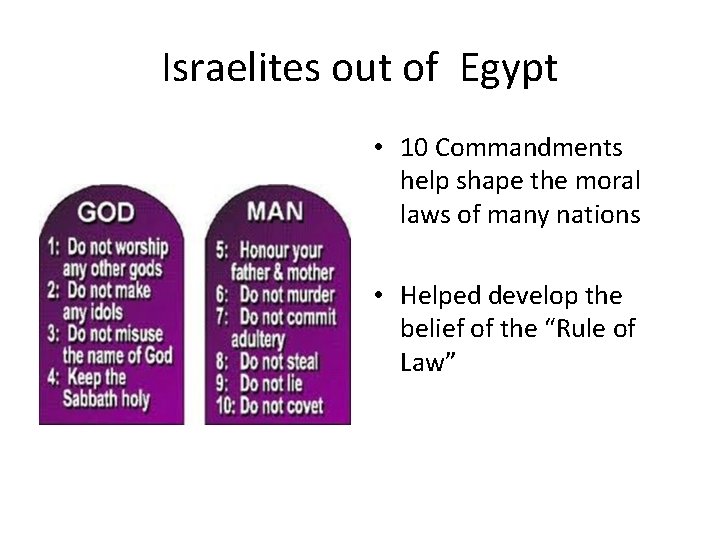 Israelites out of Egypt • 10 Commandments help shape the moral laws of many