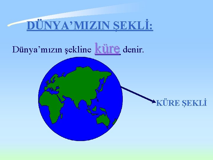 DÜNYA’MIZIN ŞEKLİ: Dünya’mızın şekline küre denir. KÜRE ŞEKLİ 