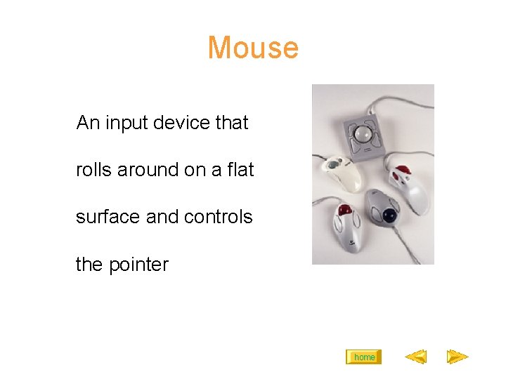 Mouse An input device that rolls around on a flat surface and controls the