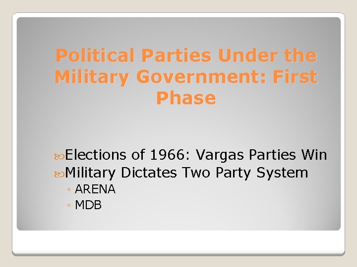 Political Parties Under the Military Government: First Phase Elections of 1966: Vargas Parties Win