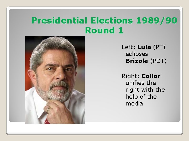 Presidential Elections 1989/90 Round 1 Left: Lula (PT) eclipses Brizola (PDT) Right: Collor unifies