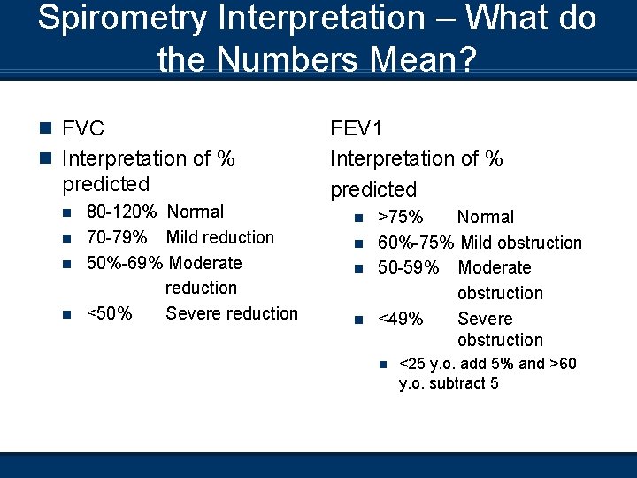 Spirometry Interpretation – What do the Numbers Mean? n FVC n Interpretation of %