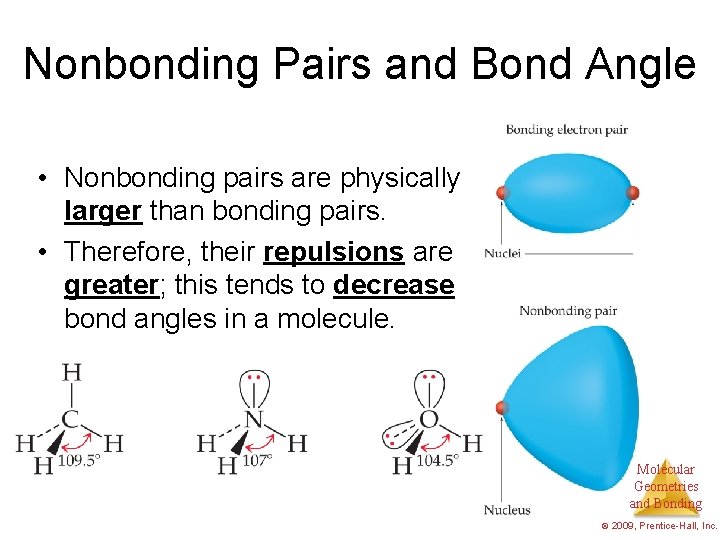 Nonbonding Pairs and Bond Angle • Nonbonding pairs are physically larger than bonding pairs.