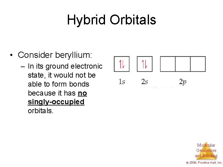 Hybrid Orbitals • Consider beryllium: – In its ground electronic state, it would not