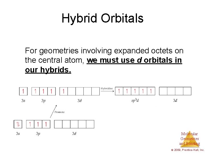 Hybrid Orbitals For geometries involving expanded octets on the central atom, we must use