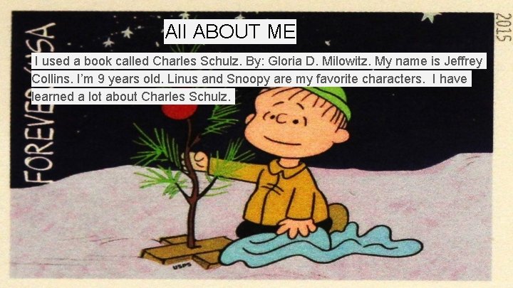 All ABOUT ME I used a book called Charles Schulz. By: Gloria D. Milowitz.