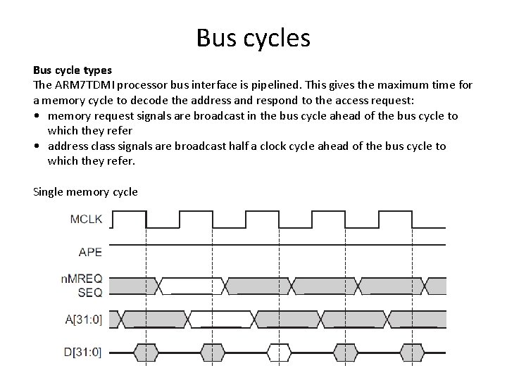 Bus cycles Bus cycle types The ARM 7 TDMI processor bus interface is pipelined. Bus cycles Bus cycle types The ARM 7 TDMI processor bus interface is pipelined.