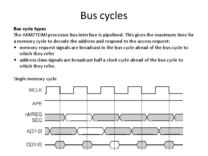 Bus cycles Bus cycle types The ARM 7 TDMI processor bus interface is pipelined.